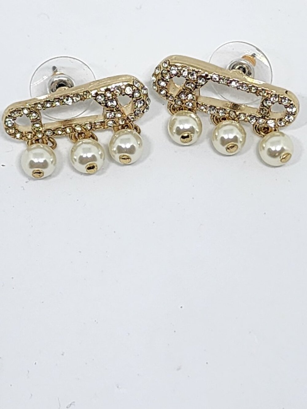 Betsey Johnson Diaper Pin Pearl and Rhinestone Accent Gold Pierced Earrings